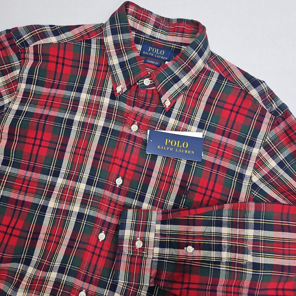 Polo Ralph Lauren Classic Fit Plaid Oxford Button Down Shirt Red Green Mens L